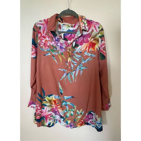 Soft Surroundings Coral Tropical Floral Pattern Button Down Long Sleeve Tunic Bl - Picture 1 of 7